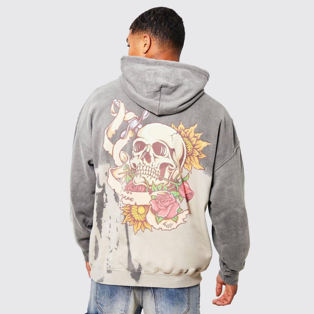 Oversized Bleach Tie Dye Skull GRraphic Hoodie – Grey