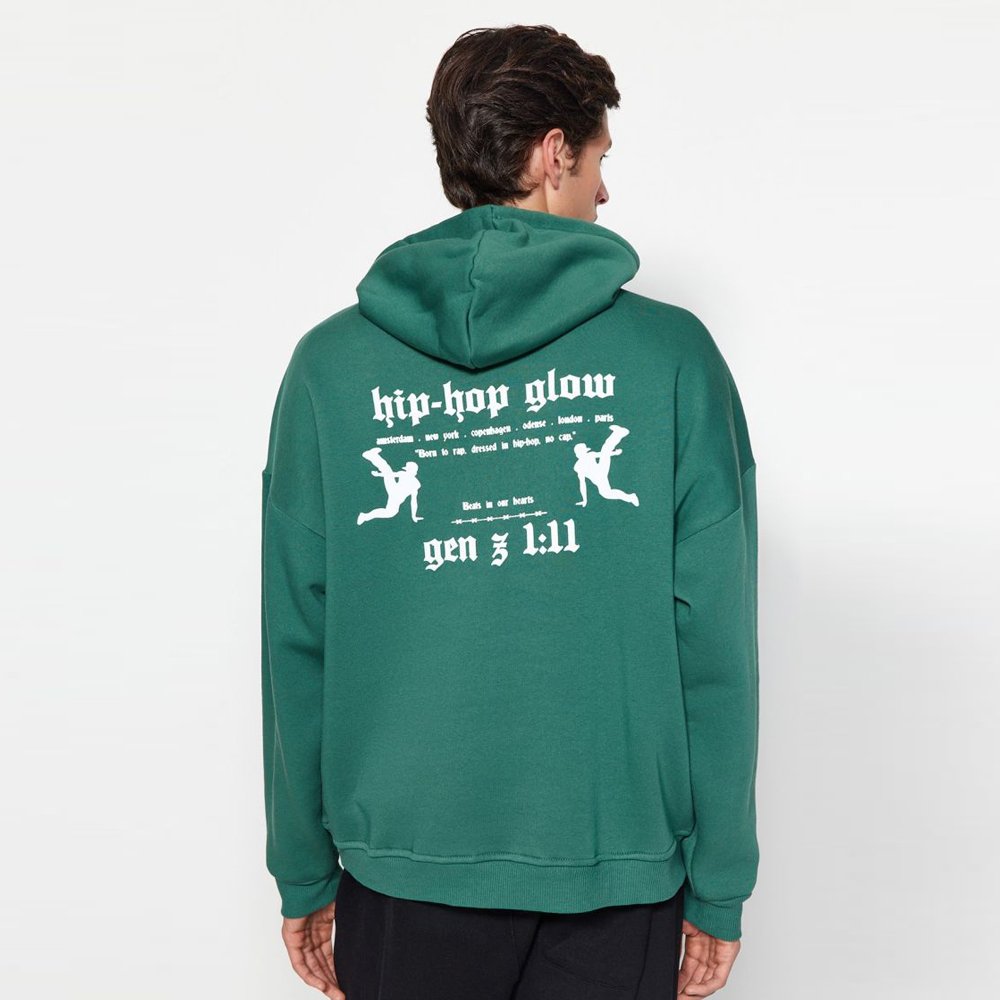 Green Men’s Oversize/Wide-Cut Hoodie, Puffy Back Printed Fleece Interior Cotton